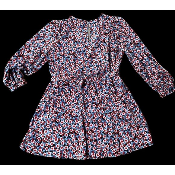 Short Mini Dress XL Daisy Flower Power Pockets Belt Red Blue V Neck Popsugar - Picture 3 of 10